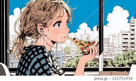ピザを食べている若い女性