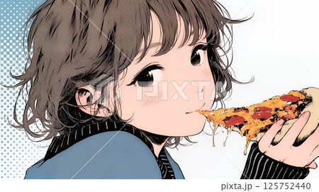 ピザを食べている若い女性