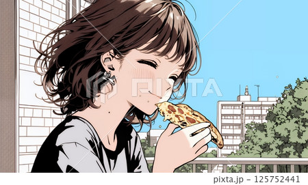ピザを食べている若い女性