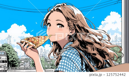 ピザを食べている若い女性