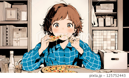 ピザを食べている若い女性