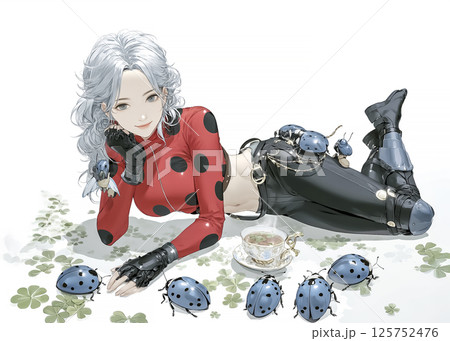 ティータイムを楽しむテントウムシの妖精のイラスト素材 125752476