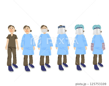 個人防護具（PPE）装着の手順イラスト｜医療従事者の感染対策 125753109