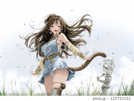 草原を散歩するチーターの妖精のイラスト素材 125753152