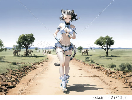 草原を走るチーターの妖精のイラスト素材 125753153