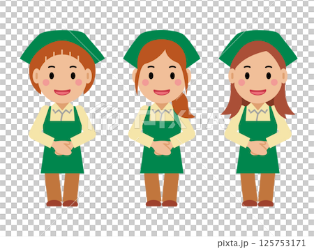 手を前で重ね、笑顔の緑エプロンの若い女性。その2 手を前で重ね、笑顔の緑エプロンの若い女性。その2 125753171