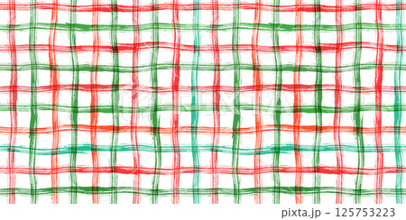 Red and green stripes seamless grunge vector pattern, hand drawn Christmas plaid background with crossing rough, irregular brush strokes 125753223