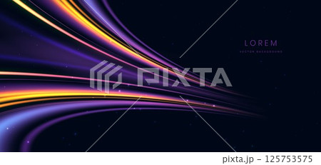 Elegant glowing purple and yellow curved rays on dark background. 125753575