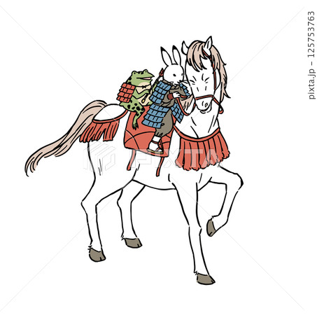 鳥獣戯画 うさぎとカエルが甲冑を着けて馬に乗るイラストレーションの