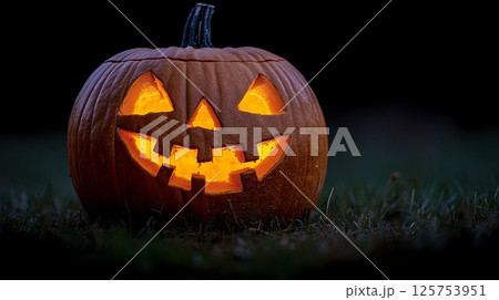 Glowing Jack-o-Lantern with Carved Face for Halloween Decor 125753951