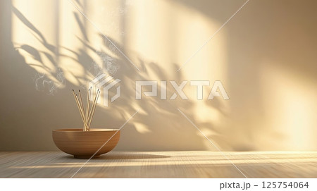 Rustic Wooden Bowl with Incense Sticks on Table 125754064