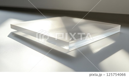 Elegant White Glass Plate on a Wooden Table Surface 125754066