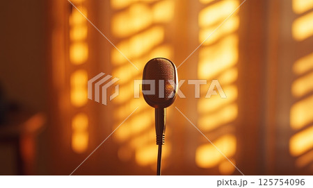 Professional microphone setup on table near window 125754096