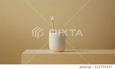 Minimalistic Toothbrush in White Cup on Yellow Background 125754127