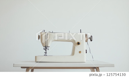 Minimalist watercolor of a sewing machine on a craft table showcasing detailed functionality against a white background 125754130