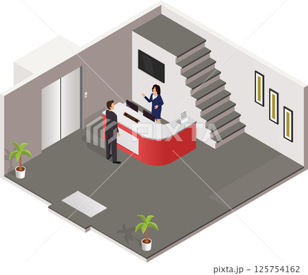 Isometric Lobby Reception With Stairs and Lift 125754162