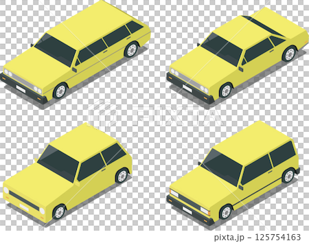 Isometric cars, old, retro cars, classic sedan, hatchback transportation 125754163