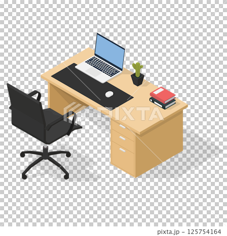 Isometric illustration of office desk with laptop, books, chair and plants Isometric illustration of office desk with laptop, books, chair and plants 125754164