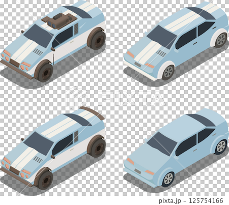 Isometric cars, post-apocalyptic style, racing stripe cars 125754166