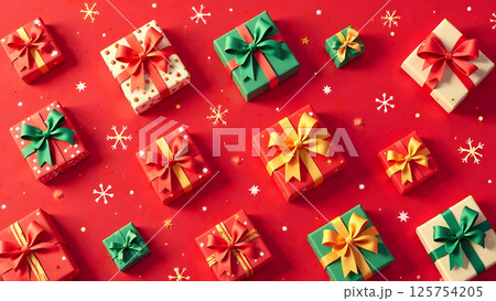 This cheerful design showcases colorful presents with big bows, striped candy canes, and sparkling stars, symmetrically placed on a lively red backdrop  125754205