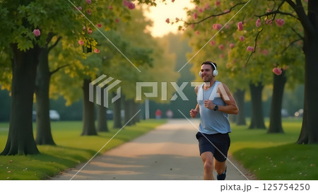 A man jogs along a scenic park trail, enjoying his morning workout. With music playing in his headphones, he moves past vibrant green trees and colorful blossoms. The cool breeze and bright sunshine 125754250
