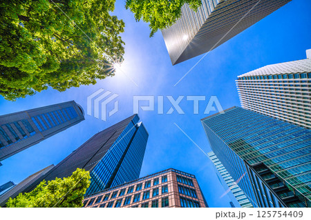 日本の東京都市景観5月。ハロや大手町タワーなど大手町のビジネス街などを望む 125754409