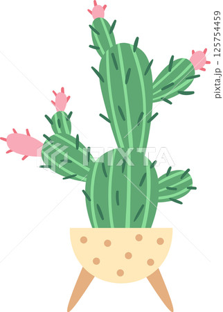 Green cactus adorned with vibrant pink flowers, thriving in a modern beige dotted pot featuring stylish wooden legs, isolated against a clean white background 125754459
