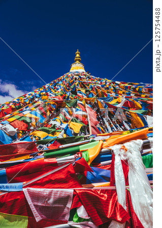 The Changqing Chunker Temple in Litang, China. Many colourful prayer flags on the mountain top beside the temple.Spirituality and meditation. The Changqing Chunker Temple in Litang, China. Many colourful prayer flags on the mountain top beside the temple.Spirituality and meditation. 125754488