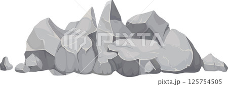Gray rocks of various shapes and sizes are piled together, creating a natural barrier or obstacle, suggesting a rugged, mountainous terrain or a construction site 125754505