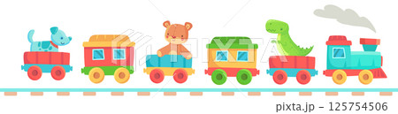 Cheerful toy train with colorful carriages carrying a dog, a teddy bear, and a dinosaur is chugging along the rails, bringing joy and imagination to playtime 125754506