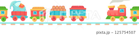 Cartoon toy train with elephant, wood logs and passenger wagons is moving on a railroad on white background, creating a playful and joyful atmosphere for kids 125754507