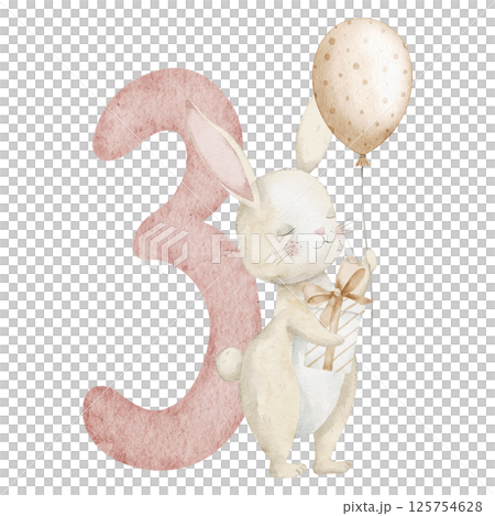 Watercolor Bunny standing with gift and balloon near a number three. Watercolor illustration of cute Rabbit for baby monthly Milestone or Birthday greeting cards in beige pastel colors. 125754628