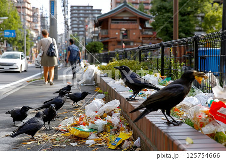 街中でゴミを荒らすカラスと増え続ける都市の環境問題 街中でゴミを荒らすカラスと増え続ける都市の環境問題 125754666