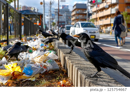 街中でゴミを荒らすカラスと増え続ける都市の環境問題 街中でゴミを荒らすカラスと増え続ける都市の環境問題 125754667