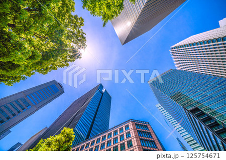 日本の東京都市景観5月。ハロや大手町タワーなど大手町のビジネス街などを望む 日本の東京都市景観5月。ハロや大手町タワーなど大手町のビジネス街などを望む 125754671