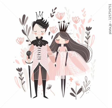 Elegant prince with a sword and princess in a crown. Children s postcard for a holiday, carnival, wedding invitation, fairy-tale characters. Flat cartoon vector illustration. Elegant prince with a sword and princess in a crown. Children s postcard for a holiday, carnival, wedding invitation, fairy-tale characters. Flat cartoon vector illustration. 125754731