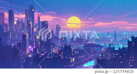 夜の静けさに包まれた美しい都市のスカイラインと、柔らかに輝く幻想的な月が空に浮かぶロマンチック 125754818