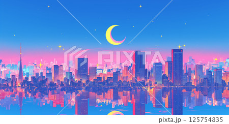 静寂な夜に浮かぶカラフルな都市の高層ビルと神秘的な三日月｜未来感あふれる夜景イラストレーションで描く 125754835
