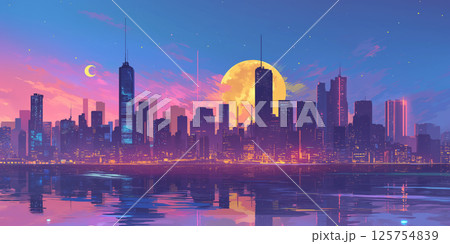 幻想的なネオンに照らされた未来都市の夜景と輝く三日月が描かれた夢のような空想風景イラスト｜高層ビル群 125754839