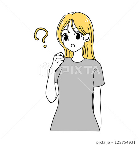 漫画テイストな首を傾げる女性のイラスト(イエロー×グレー) 125754931