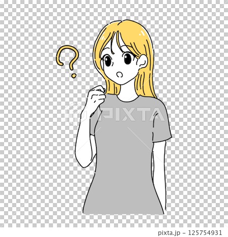 漫画テイストな首を傾げる女性のイラスト(イエロー×グレー) 125754931