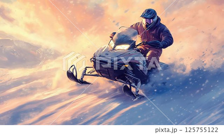 スノーモービルで雪原を疾走する冒険家 125755122