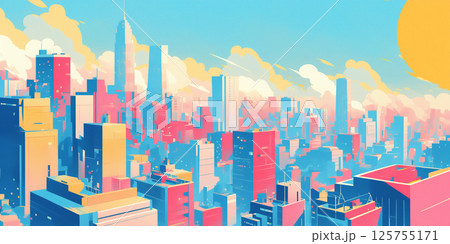 抽象的に描かれた現代都市のシルエットと彩度高めの空が幻想的に融合するイラスト・明るい色調の都市風景 125755171