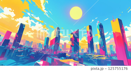グラデーション空とカラフルなビルの群れが調和した近未来都市の風景・建築と空と色彩の調和が魅力 125755176