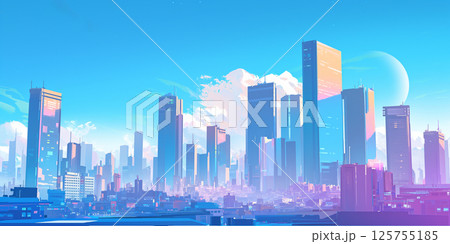 光と影が織りなす近未来都市の高層ビル群と夕暮れの空が広がるファンタジー風シティスケープイラスト 光と影が織りなす近未来都市の高層ビル群と夕暮れの空が広がるファンタジー風シティスケープイラスト 125755185
