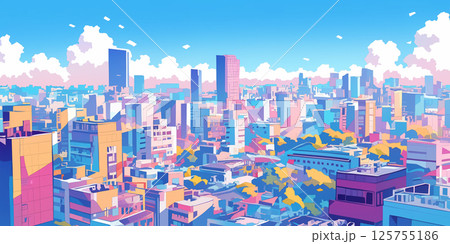 光と影が織りなす近未来都市の高層ビル群と夕暮れの空が広がるファンタジー風シティスケープイラスト 125755186