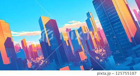 光と影が織りなす近未来都市の高層ビル群と夕暮れの空が広がるファンタジー風シティスケープイラスト 光と影が織りなす近未来都市の高層ビル群と夕暮れの空が広がるファンタジー風シティスケープイラスト 125755187