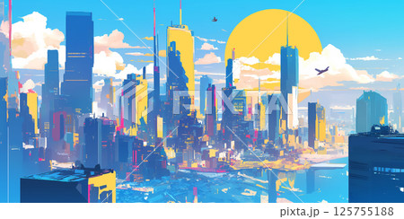 光と影が織りなす近未来都市の高層ビル群と夕暮れの空が広がるファンタジー風シティスケープイラスト 125755188