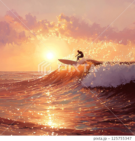 朝陽を突き抜けた、波と自由のシルエット 125755347