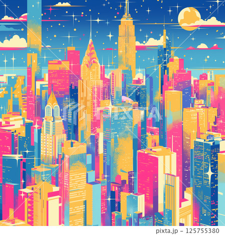 空に浮かぶ月と星がネオン街を照らす幻想都市イラスト|ピンクとブルーが織りなす近未来的で叙情的な夜景 空に浮かぶ月と星がネオン街を照らす幻想都市イラスト|ピンクとブルーが織りなす近未来的で叙情的な夜景 125755380